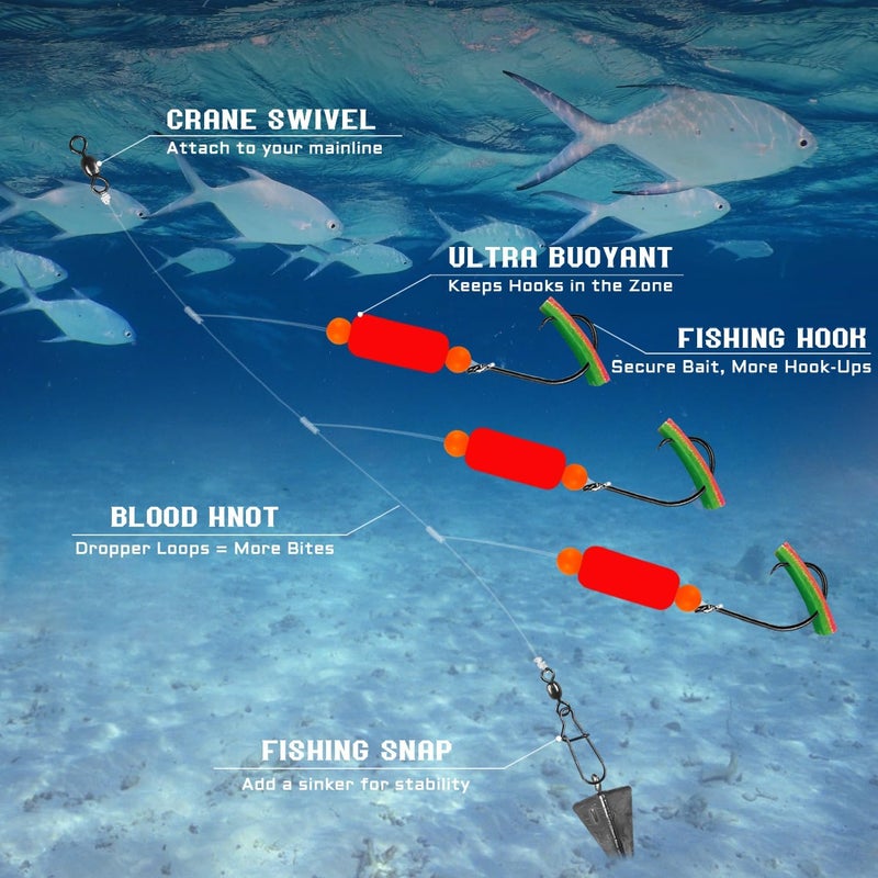 Vipfish Pompano Rig Saltwater Surf Fishing Rigs – Double Drop Leader Rigs with Hooks, Floats, Beads & Snap – Easy Pre-Tied Terminal Tackle for Pompano, Whiting, Redfish - Image 2